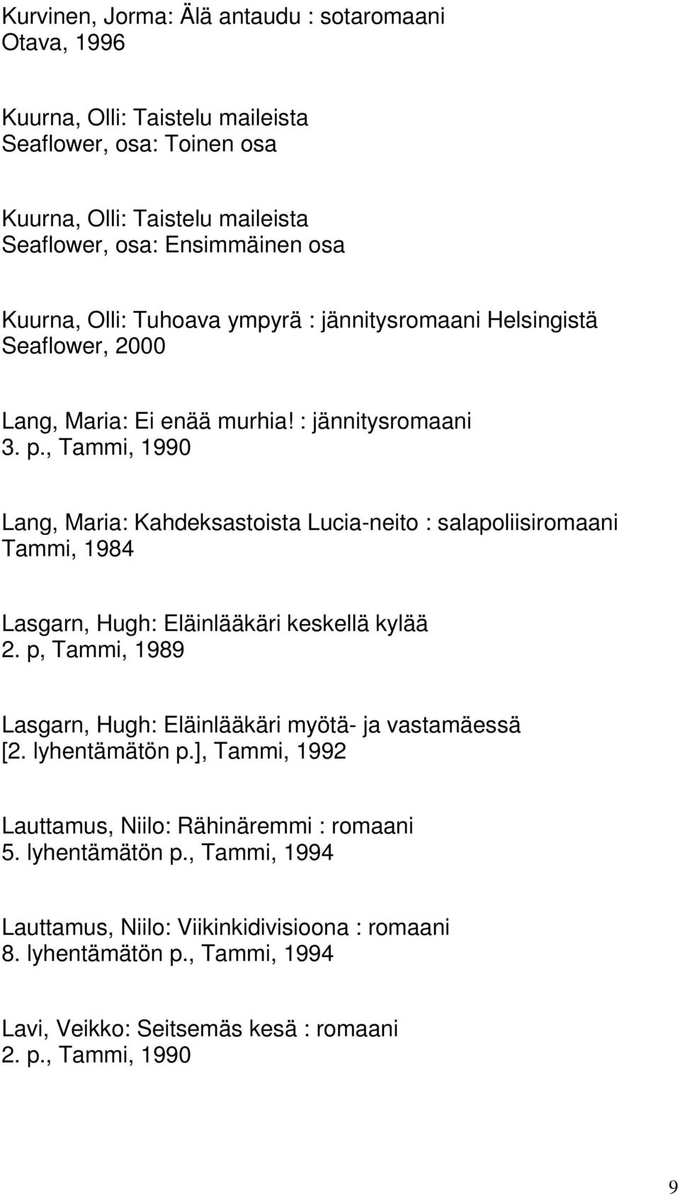 , Tammi, 1990 Lang, Maria: Kahdeksastoista Lucia-neito : salapoliisiromaani Tammi, 1984 Lasgarn, Hugh: Eläinlääkäri keskellä kylää 2.