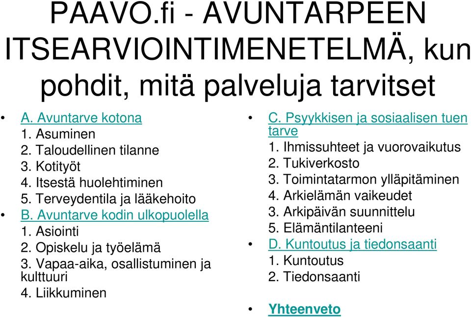 Vapaa-aika, osallistuminen ja kulttuuri 4. Liikkuminen C. Psyykkisen ja sosiaalisen tuen tarve 1. Ihmissuhteet ja vuorovaikutus 2. Tukiverkosto 3.