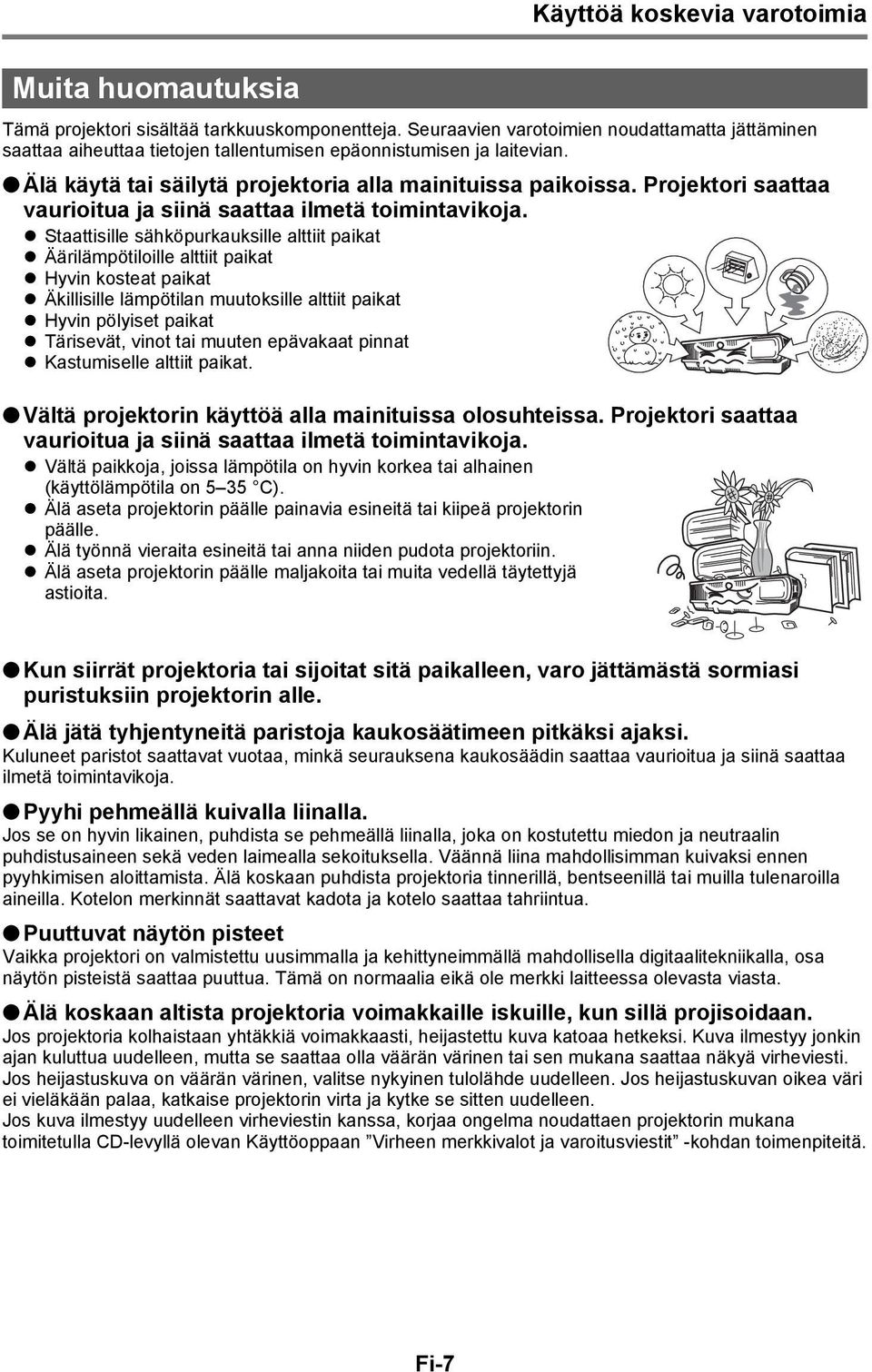 Projektori saattaa vaurioitua ja siinä saattaa ilmetä toimintavikoja.