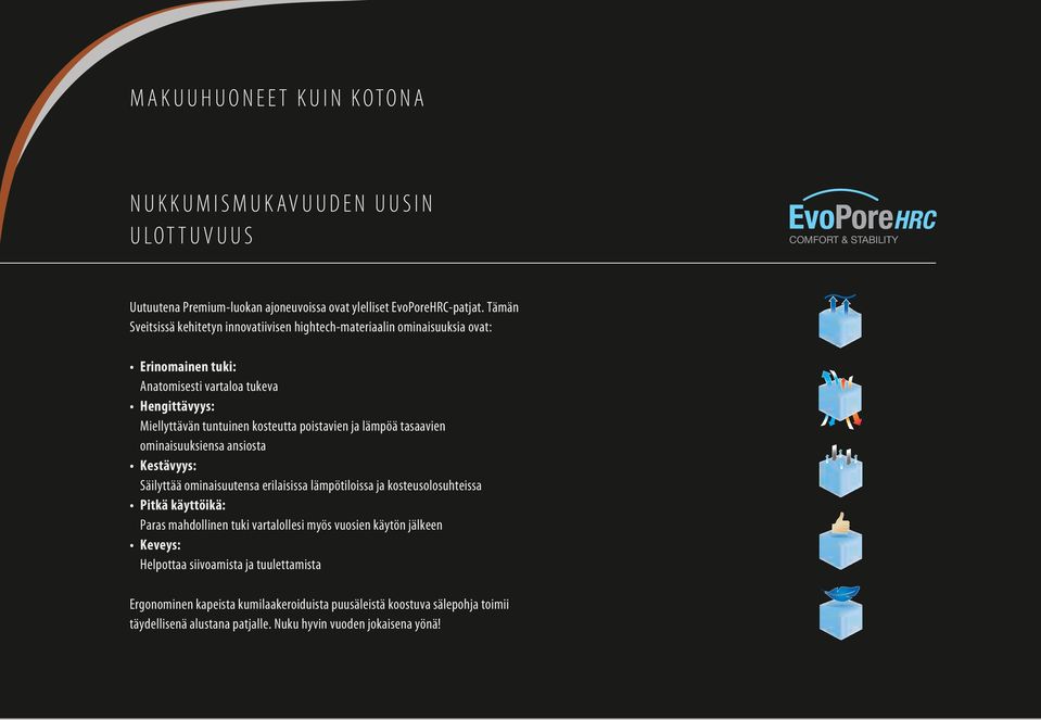 lämpöä tasaavien ominaisuuksiensa ansiosta Kestävyys: Säilyttää ominaisuutensa erilaisissa lämpötiloissa ja kosteusolosuhteissa Pitkä käyttöikä: Paras mahdollinen tuki vartalollesi myös vuosien