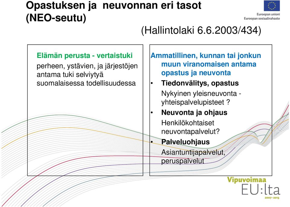 suomalaisessa todellisuudessa Ammatillinen, kunnan tai jonkun muun viranomaisen antama opastus ja neuvonta