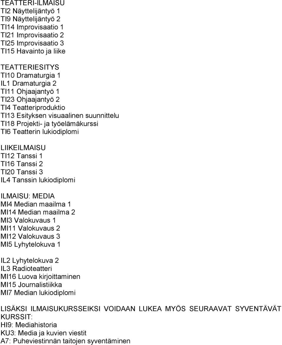 TI20 Tanssi 3 IL4 Tanssin lukiodiplomi ILMAISU: MEDIA MI4 Median maailma 1 MI14 Median maailma 2 MI3 Valokuvaus 1 MI11 Valokuvaus 2 MI12 Valokuvaus 3 MI5 Lyhytelokuva 1 IL2 Lyhytelokuva 2 IL3