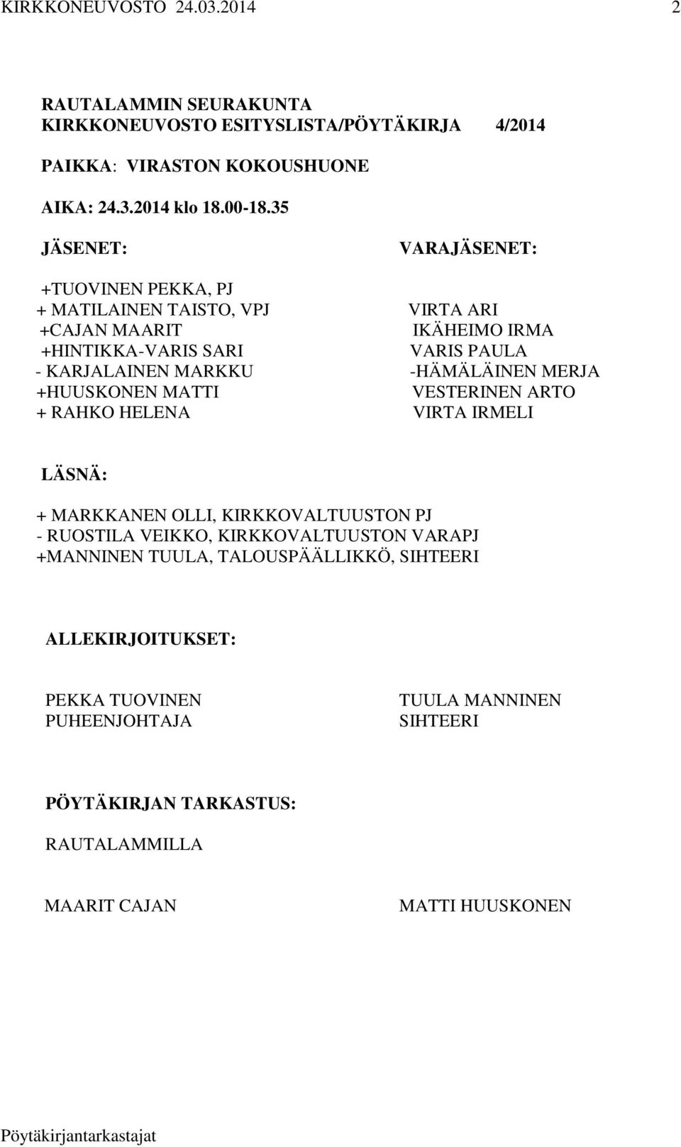 MARKKU -HÄMÄLÄINEN MERJA +HUUSKONEN MATTI VESTERINEN ARTO + RAHKO HELENA VIRTA IRMELI LÄSNÄ: + MARKKANEN OLLI, KIRKKOVALTUUSTON PJ - RUOSTILA VEIKKO,