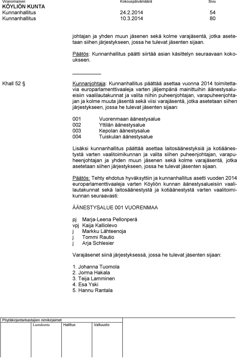 Khall 52 Kunnanjohtaja: Kunnanhallitus päättää asettaa vuonna 2014 toimitettavia europarlamenttivaaleja varten jäljempänä mainittuihin äänestysalueisiin vaalilautakunnat ja valita niihin