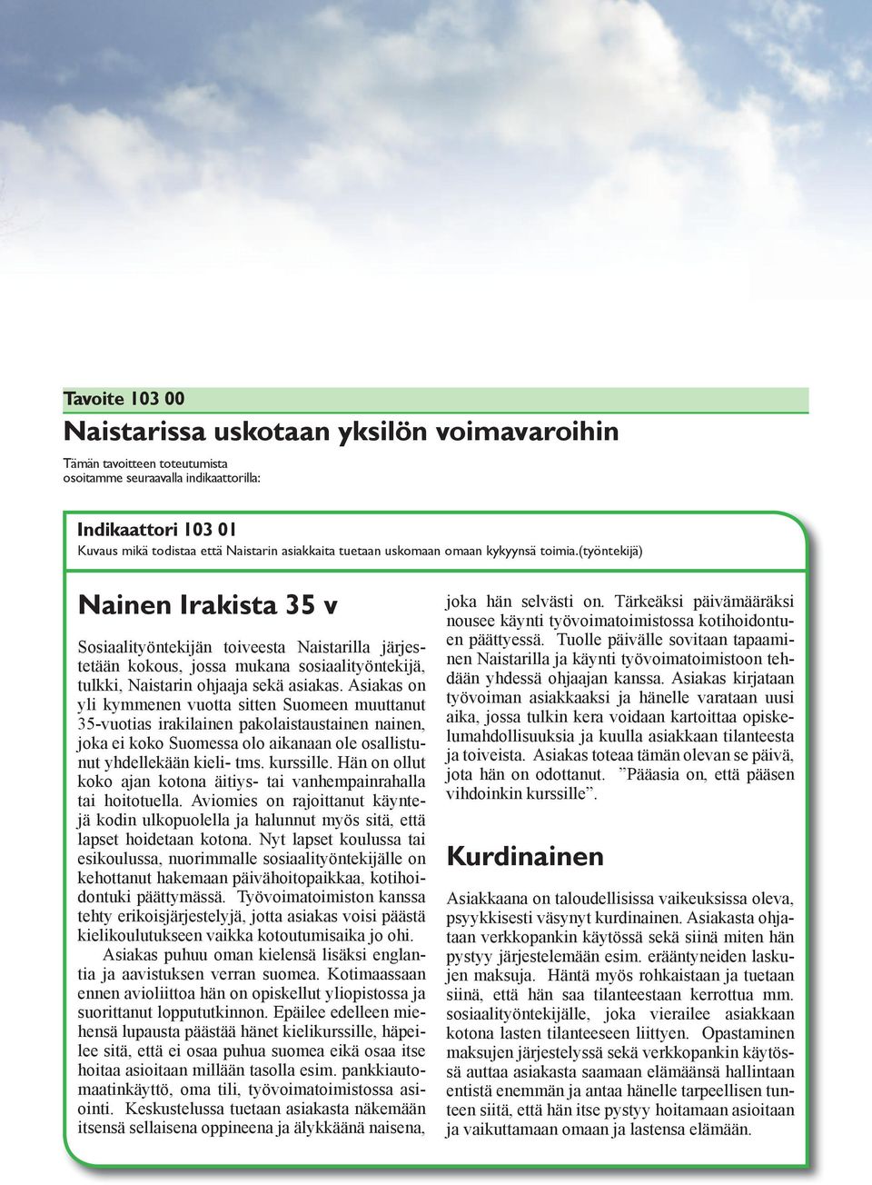 Asiakas on yli kymmenen vuotta sitten Suomeen muuttanut 35-vuotias irakilainen pakolaistaustainen nainen, joka ei koko Suomessa olo aikanaan ole osallistunut yhdellekään kieli- tms. kurssille.