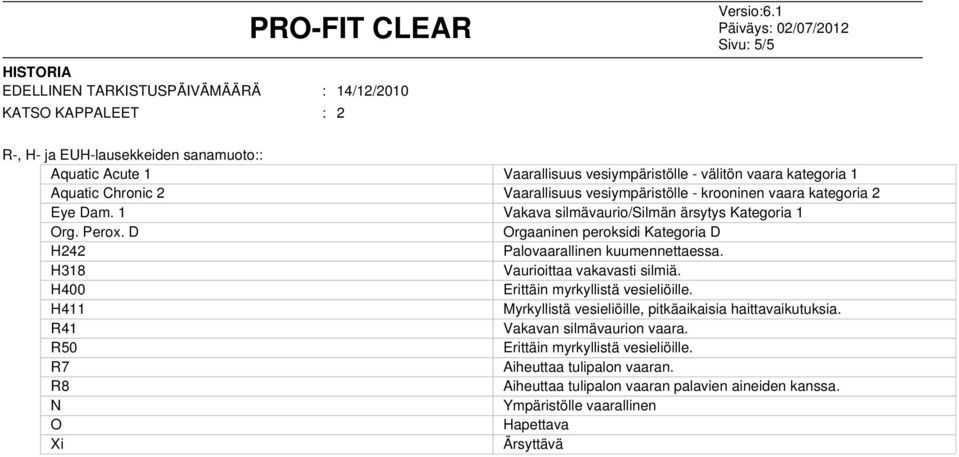 D Orgaaninen peroksidi Kategoria D ------ H242 Palovaarallinen kuumennettaessa. ------ H318 Vaurioittaa vakavasti silmiä. ------ H400 Erittäin myrkyllistä vesieliöille.