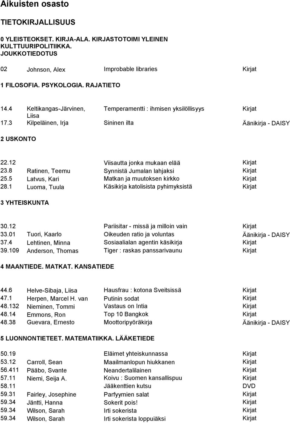 8 Ratinen, Teemu Synnistä Jumalan lahjaksi Kirjat 25.5 Latvus, Kari Matkan ja muutoksen kirkko Kirjat 28.1 Luoma, Tuula Käsikirja katolisista pyhimyksistä Kirjat 3 YHTEISKUNTA 30.