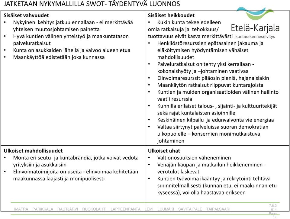 asukkaisiin Elinvoimatoimijoita on useita -elinvoimaa kehitetään maakunnassa laajasti ja monipuolisesti Sisäiset heikkoudet Kukin kunta tekee edelleen omia ratkaisuja ja tehokkuus/ tuottavuus eivät