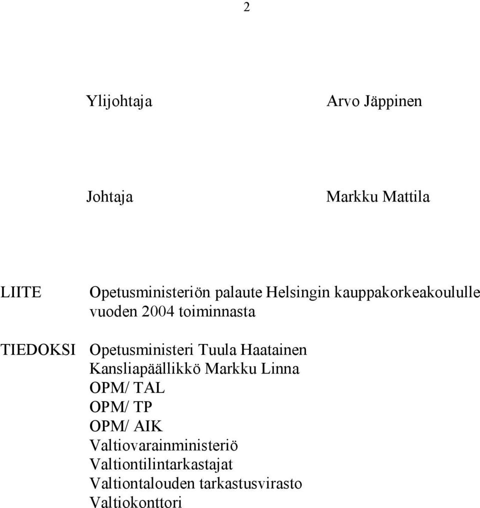 Tuula Haatainen Kansliapäällikkö Markku Linna OPM/ TAL OPM/ TP OPM/ AIK