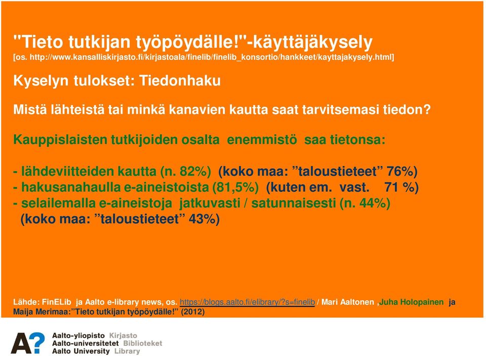 82%) (koko maa: taloustieteet 76%) - hakusanahaulla e-aineistoista (81,5%) (kuten em. vast.