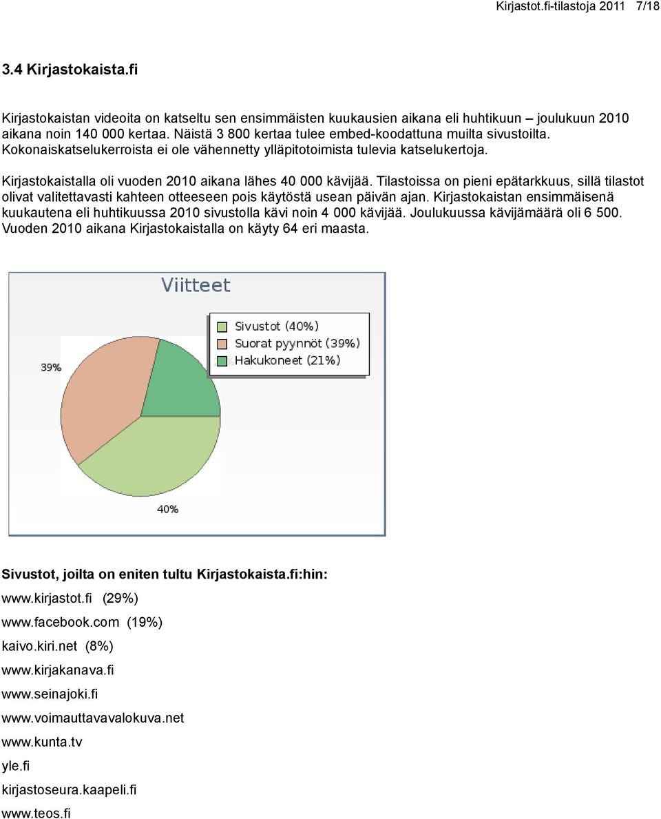 Kirjastokaistalla oli vuoden 2010 aikana lähes 40 000 kävijää. Tilastoissa on pieni epätarkkuus, sillä tilastot olivat valitettavasti kahteen otteeseen pois käytöstä usean päivän ajan.