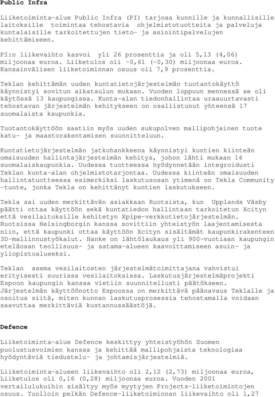 Kansainvälisen liiketoiminnan osuus oli 7,9 prosenttia. Teklan kehittämän uuden kuntatietojärjestelmän tuotantokäyttö käynnistyi sovitun aikataulun mukaan.