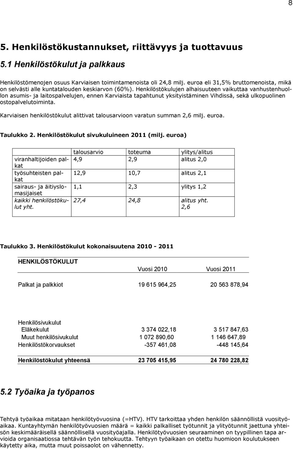 Henkilöstökulujen alhaisuuteen vaikuttaa vanhustenhuollon asumis- ja laitospalvelujen, ennen Karviaista tapahtunut yksityistäminen Vihdissä, sekä ulkopuolinen ostopalvelutoiminta.