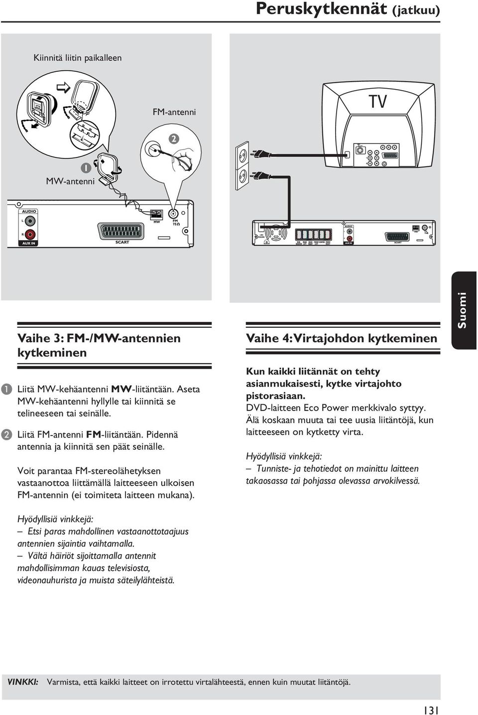 Voit parantaa FM-stereolähetyksen vastaanottoa liittämällä laitteeseen ulkoisen FM-antennin (ei toimiteta laitteen mukana).