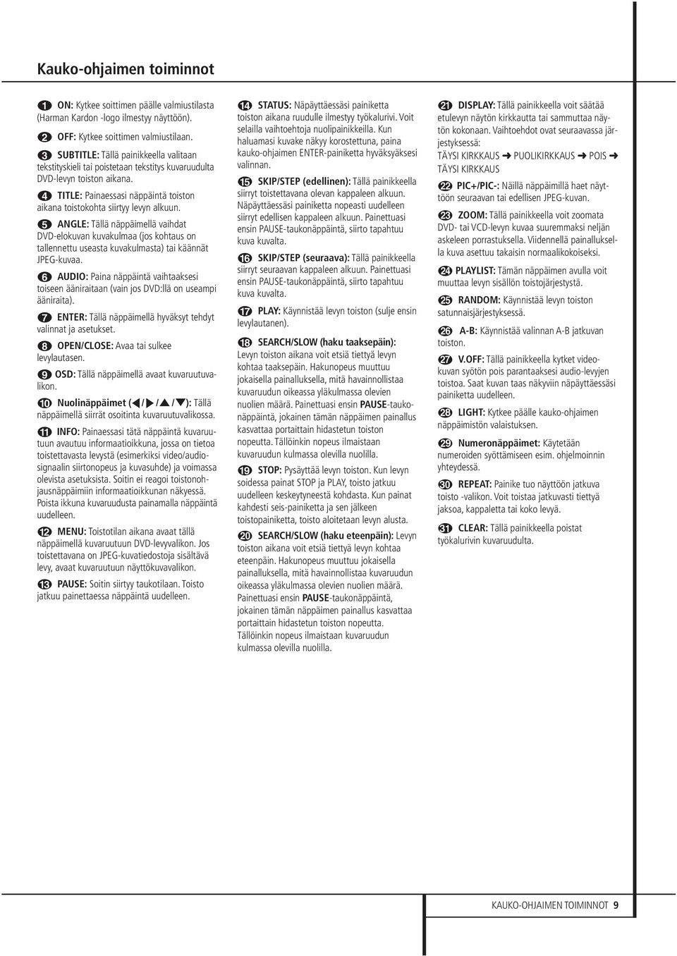4 ANGLE: Tällä näppäimellä vaihdat DVD-elokuvan kuvakulmaa (jos kohtaus on tallennettu useasta kuvakulmasta) tai käännät JPEG-kuvaa.