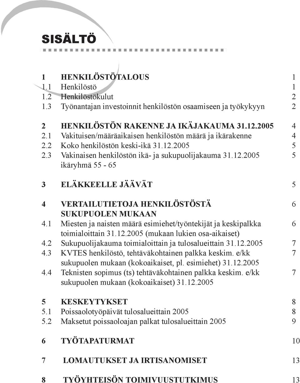 1 Miesten ja naisten määrä esimiehet/työntekijät ja keskipalkka 6 toimialoittain 31.12.2005 (mukaan lukien osa-aikaiset) 4.2 Sukupuolijakauma toimialoittain ja tulosalueittain 31.12.2005 7 4.