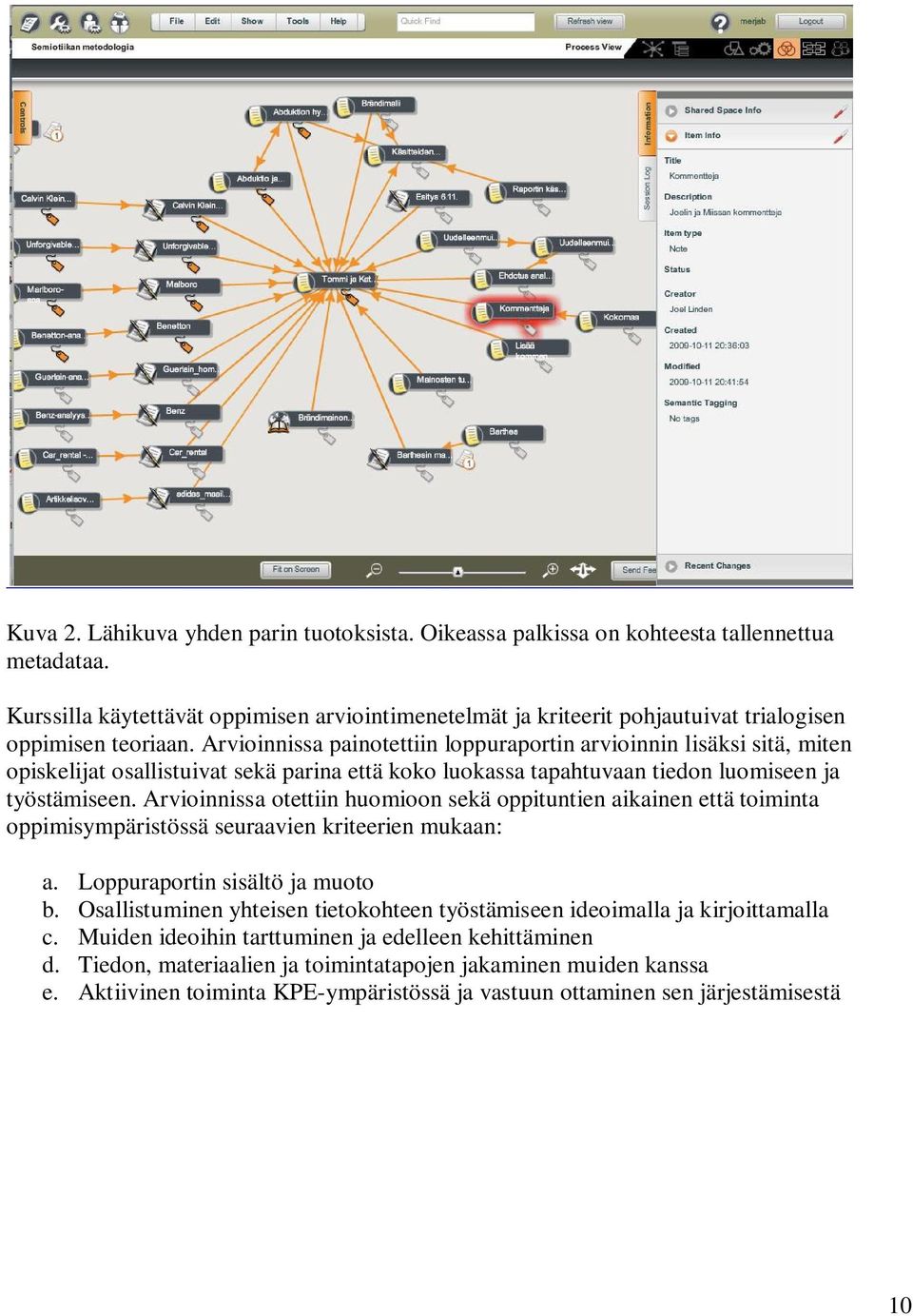 Arvioinnissa painotettiin loppuraportin arvioinnin lisäksi sitä, miten opiskelijat osallistuivat sekä parina että koko luokassa tapahtuvaan tiedon luomiseen ja työstämiseen.