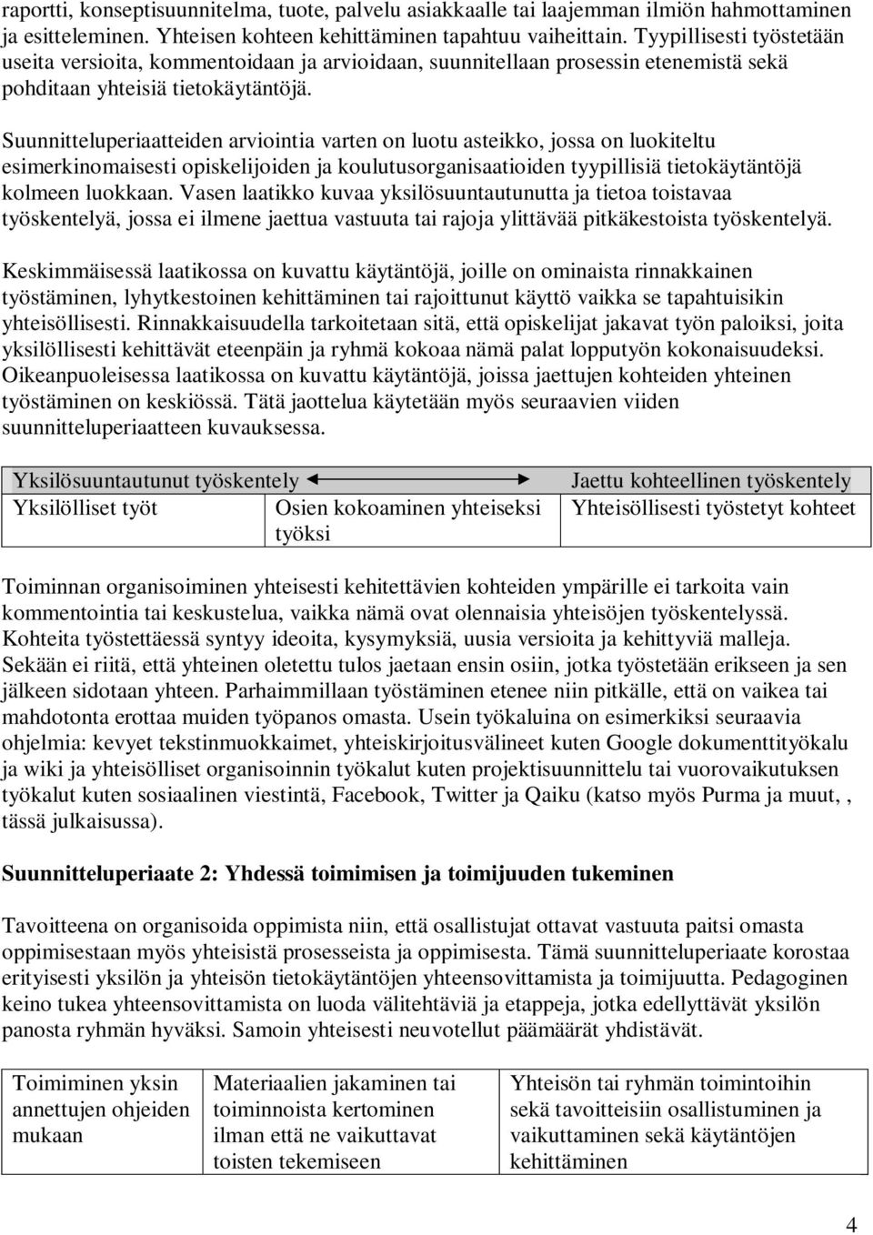 Suunnitteluperiaatteiden arviointia varten on luotu asteikko, jossa on luokiteltu esimerkinomaisesti opiskelijoiden ja koulutusorganisaatioiden tyypillisiä tietokäytäntöjä kolmeen luokkaan.