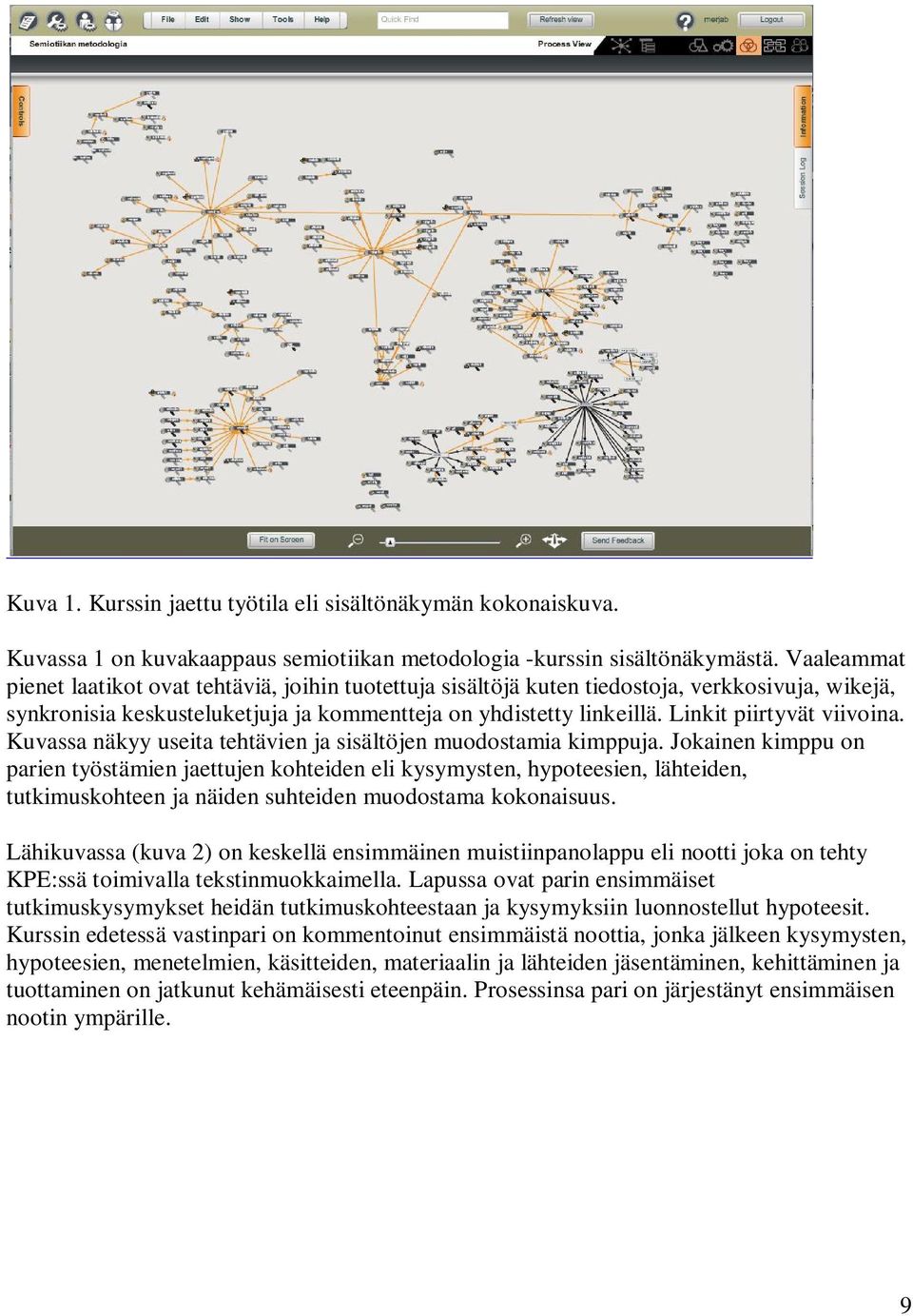 Linkit piirtyvät viivoina. Kuvassa näkyy useita tehtävien ja sisältöjen muodostamia kimppuja.