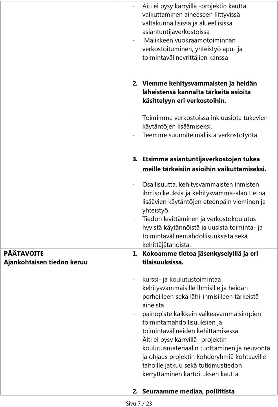 - Toimimme verkostoissa inkluusiota tukevien käytäntöjen lisäämiseksi. - Teemme suunnitelmallista verkostotyötä. 3. Etsimme asiantuntijaverkostojen tukea meille tärkeisiin asioihin vaikuttamiseksi.