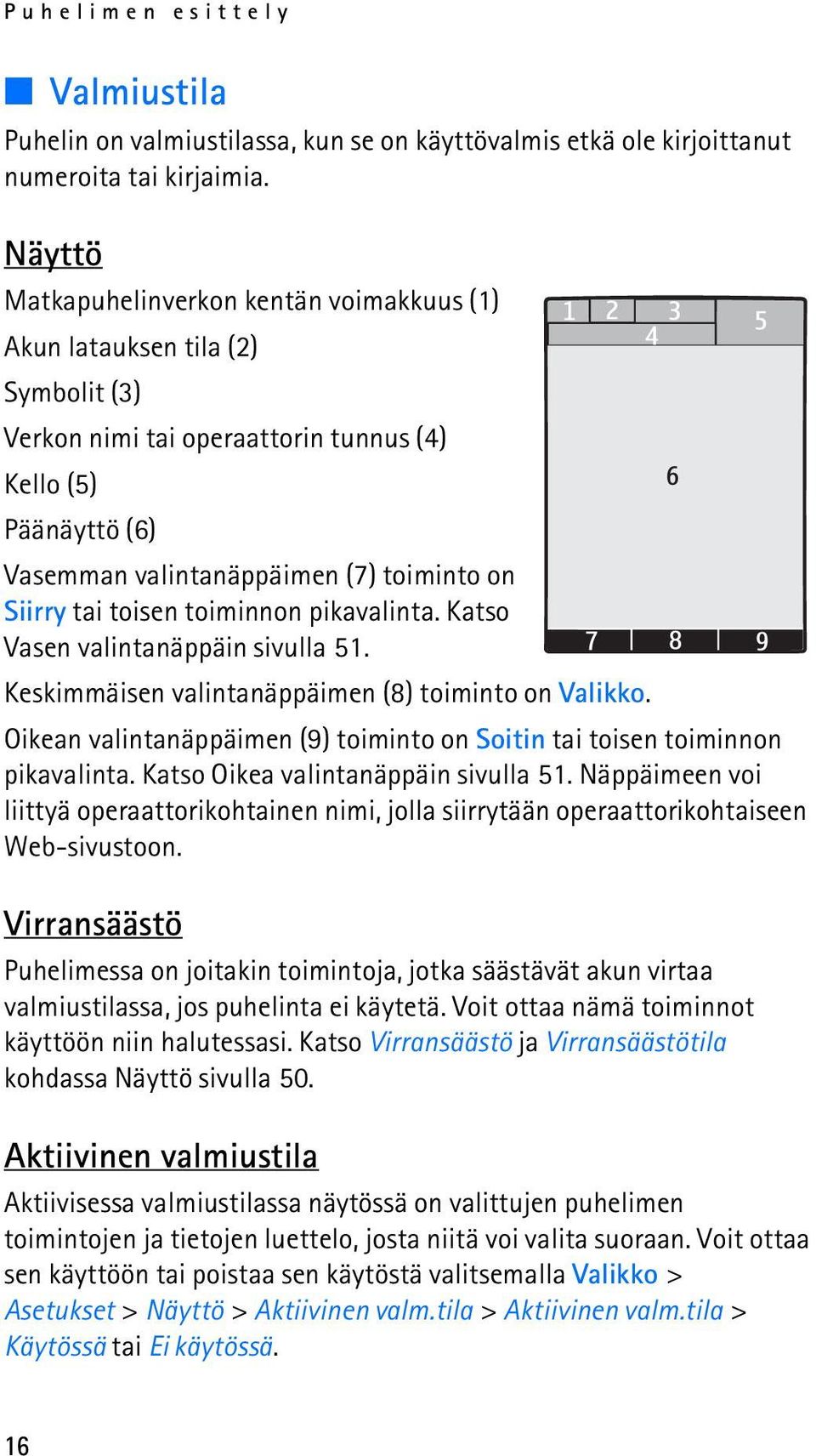 tai toisen toiminnon pikavalinta. Katso Vasen valintanäppäin sivulla 51. Keskimmäisen valintanäppäimen (8) toiminto on Valikko.