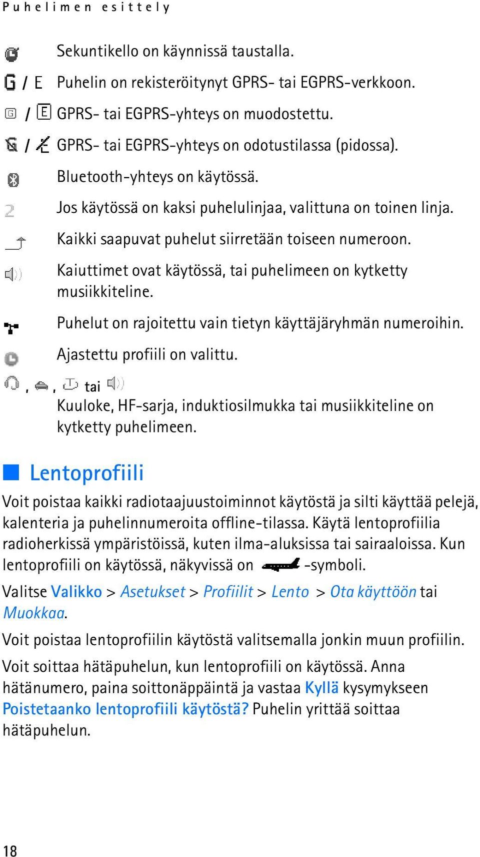 Kaiuttimet ovat käytössä, tai puhelimeen on kytketty musiikkiteline. Puhelut on rajoitettu vain tietyn käyttäjäryhmän numeroihin. Ajastettu profiili on valittu.