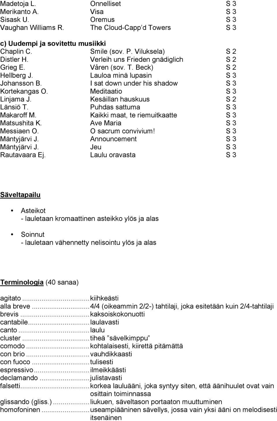 Meditaatio S 3 Linjama J. Kesäillan hauskuus S 2 Länsiö T. Puhdas sattuma S 3 Makaroff M. Kaikki maat, te riemuitkaatte S 3 Matsushita K. Ave Maria S 3 Messiaen O. O sacrum convivium!