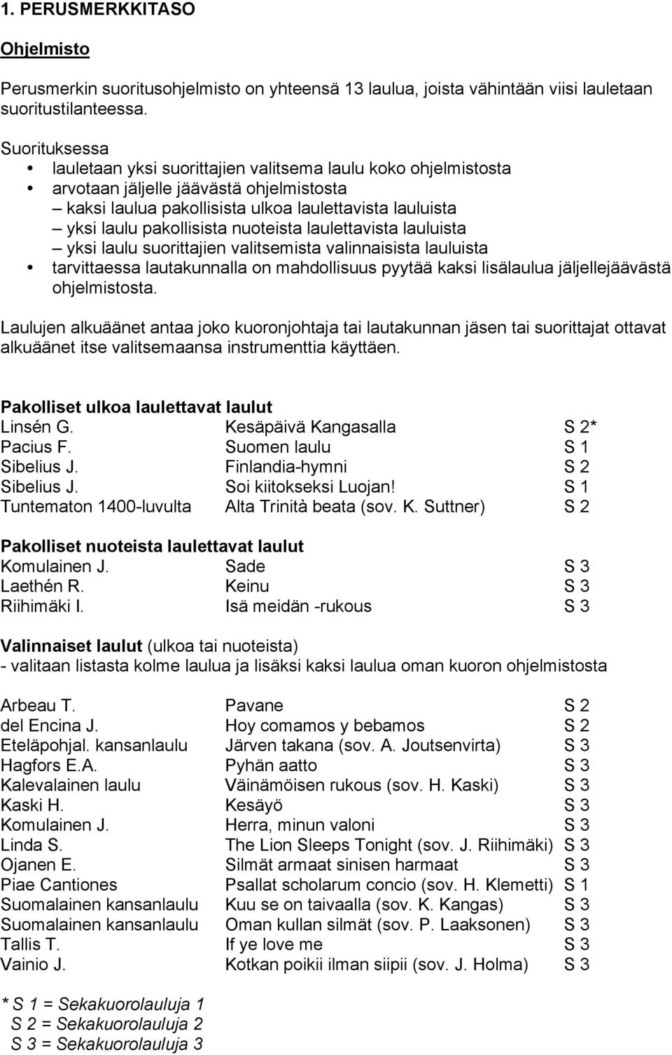 nuoteista laulettavista lauluista yksi laulu suorittajien valitsemista valinnaisista lauluista tarvittaessa lautakunnalla on mahdollisuus pyytää kaksi lisälaulua jäljellejäävästä ohjelmistosta.