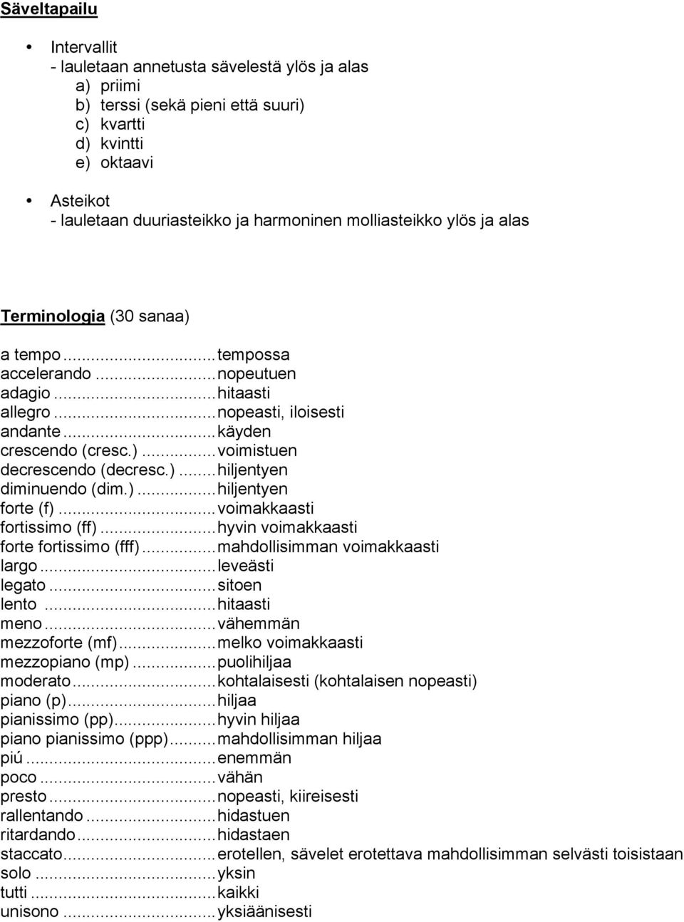 )...hiljentyen diminuendo (dim.)...hiljentyen forte (f)...voimakkaasti fortissimo (ff)...hyvin voimakkaasti forte fortissimo (fff)...mahdollisimman voimakkaasti largo...leveästi legato...sitoen lento.
