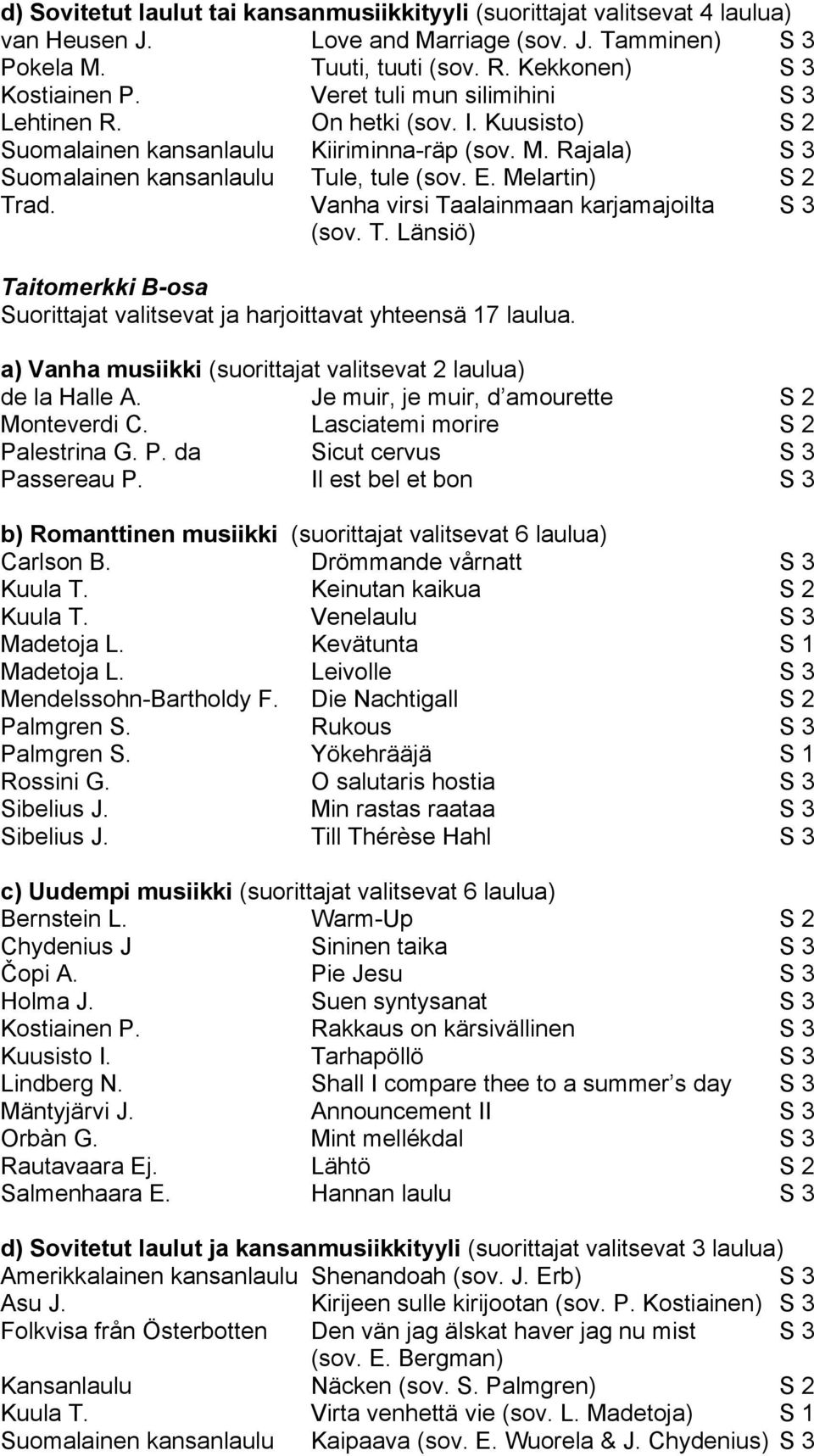 Vanha virsi Taalainmaan karjamajoilta S 3 (sov. T. Länsiö) Taitomerkki B-osa Suorittajat valitsevat ja harjoittavat yhteensä 17 laulua.