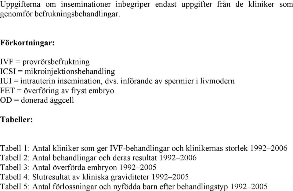 införande av spermier i livmodern FET = överföring av fryst embryo OD = donerad äggcell Tabeller: Tabell 1: Antal kliniker som ger IVF-behandlingar och