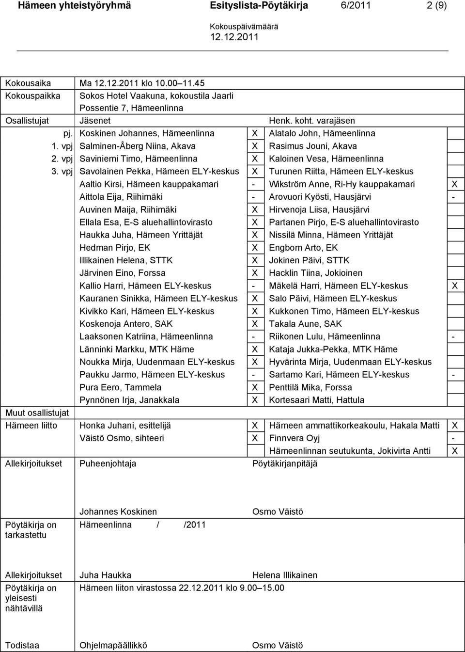 vpj Savolainen Pekka, Hämeen ELY-keskus X Turunen Riitta, Hämeen ELY-keskus Aaltio Kirsi, Hämeen kauppakamari - Wikström Anne, Ri-Hy kauppakamari X Aittola Eija, Riihimäki - Arovuori Kyösti,