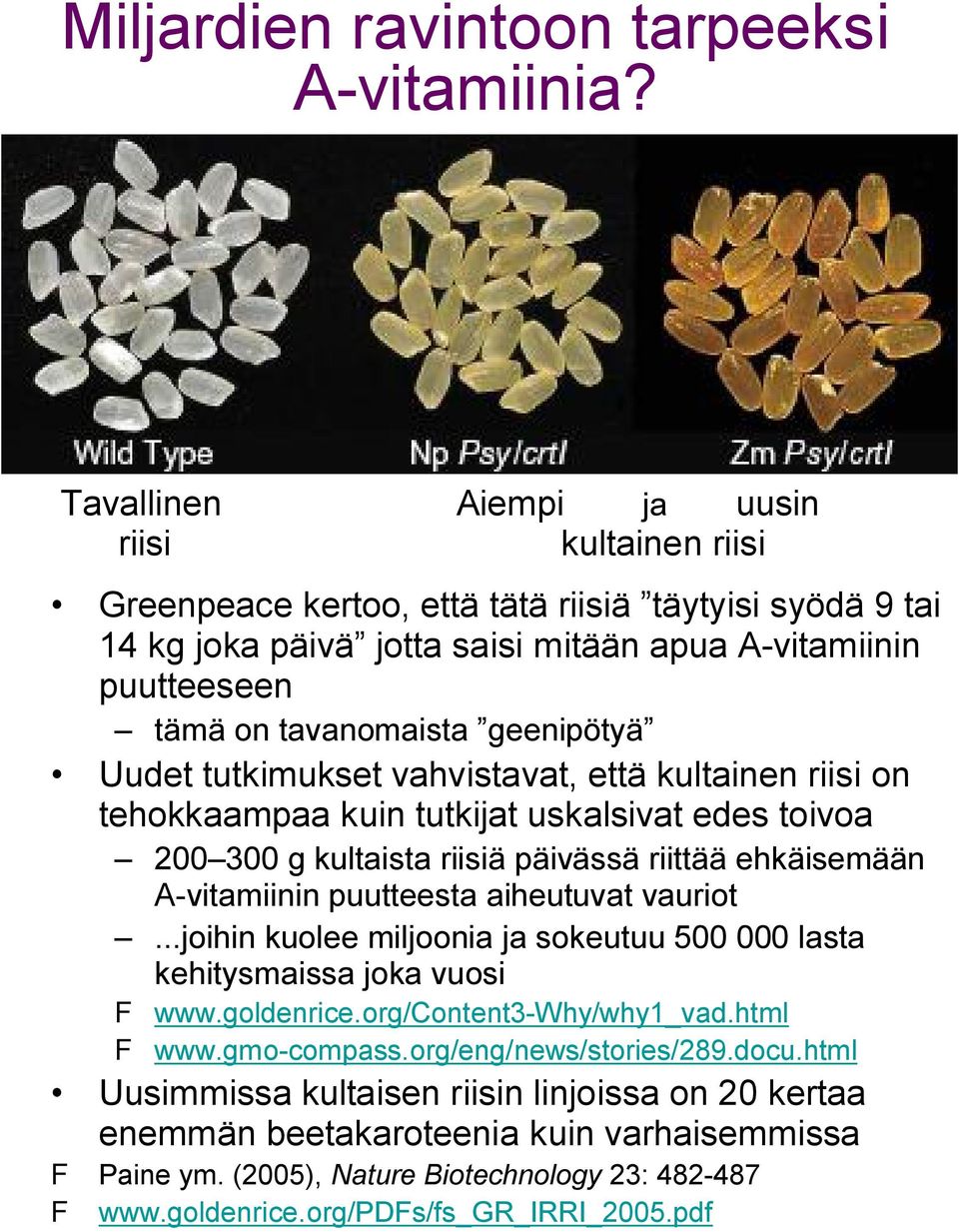 geenipötyä Uudet tutkimukset vahvistavat, että kultainen riisi on tehokkaampaa kuin tutkijat uskalsivat edes toivoa 200 300 g kultaista riisiä päivässä riittää ehkäisemään A-vitamiinin puutteesta