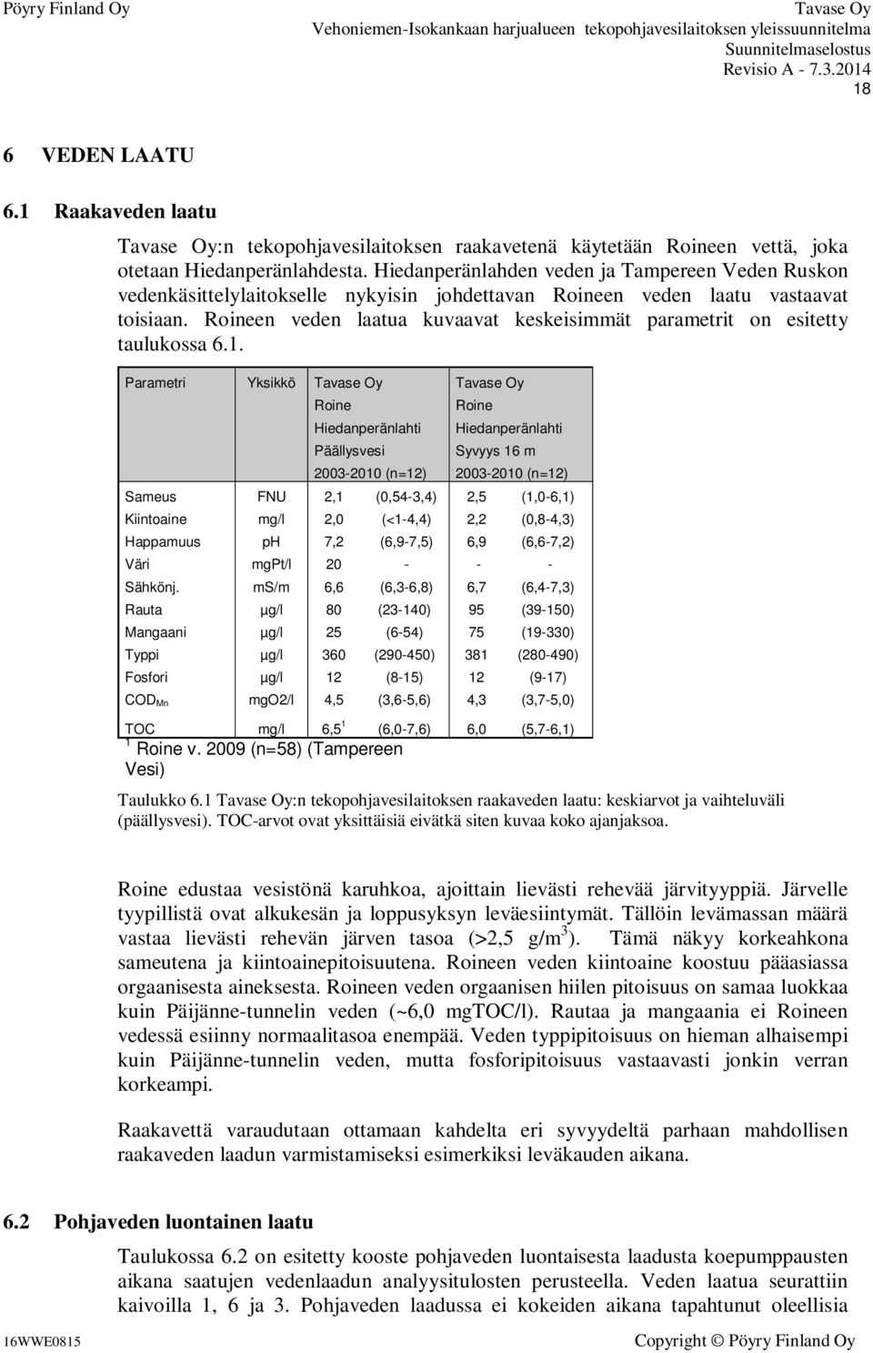 Roineen veden laatua kuvaavat keskeisimmät parametrit on esitetty taulukossa 6.1.