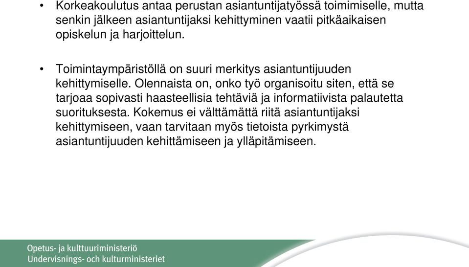 Olennaista on, onko työ organisoitu siten, että se tarjoaa sopivasti haasteellisia tehtäviä ja informatiivista palautetta