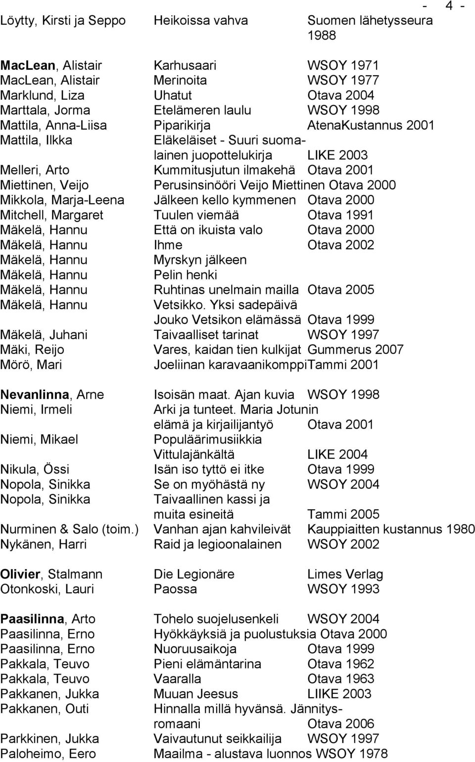 Miettinen, Veijo Perusinsinööri Veijo Miettinen Otava 2000 Mikkola, Marja-Leena Jälkeen kello kymmenen Otava 2000 Mitchell, Margaret Tuulen viemää Otava 1991 Mäkelä, Hannu Että on ikuista valo Otava