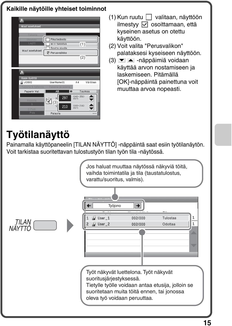 (3) Työtilanäyttö Painamalla käyttöpaneelin [TILAN NÄYTTÖ] -näppäintä saat esiin työtilanäytön. Voit tarkistaa suoritettavan tulostustyön tilan työn tila -näytössä.