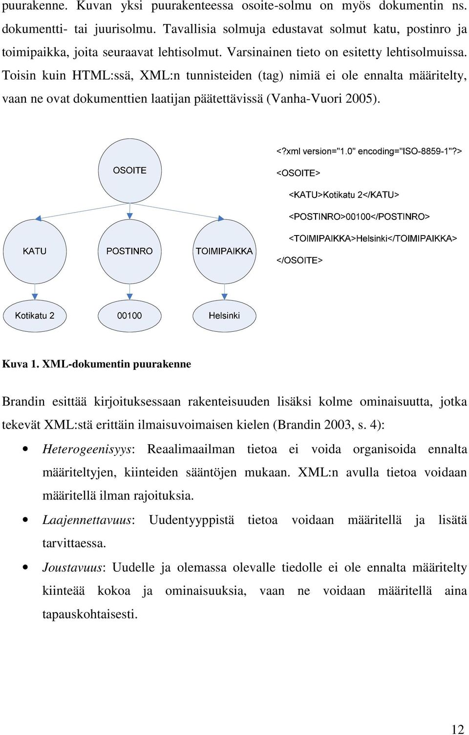 Kuva 1. XML-dokumentin puurakenne Brandin esittää kirjoituksessaan rakenteisuuden lisäksi kolme ominaisuutta, jotka tekevät XML:stä erittäin ilmaisuvoimaisen kielen (Brandin 2003, s.