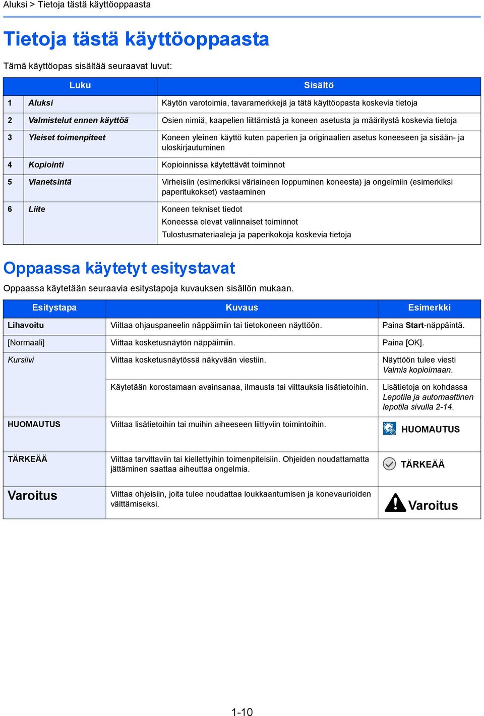 asetus koneeseen ja sisään- ja uloskirjautuminen 4 Kopiointi Kopioinnissa käytettävät toiminnot 5 Vianetsintä Virheisiin (esimerkiksi väriaineen loppuminen koneesta) ja ongelmiin (esimerkiksi