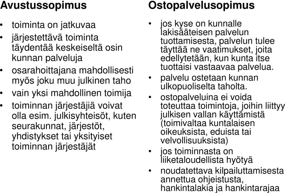 julkisyhteisöt, kuten seurakunnat, järjestöt, yhdistykset tai yksityiset toiminnan järjestäjät Ostopalvelusopimus jos kyse on kunnalle lakisääteisen palvelun tuottamisesta, palvelun tulee täyttää ne