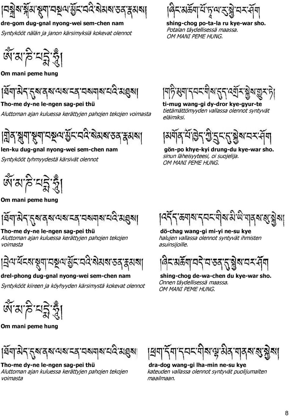 len-ku dug-gnal nyong-wei sem-chen nam Syntykööt tyhmyydestä kärsivät olennot gön-po khye-kyi drung-du kye-war sho. sinun läheisyyteesi, oi suojelija. OM MANI PEME HUNG.