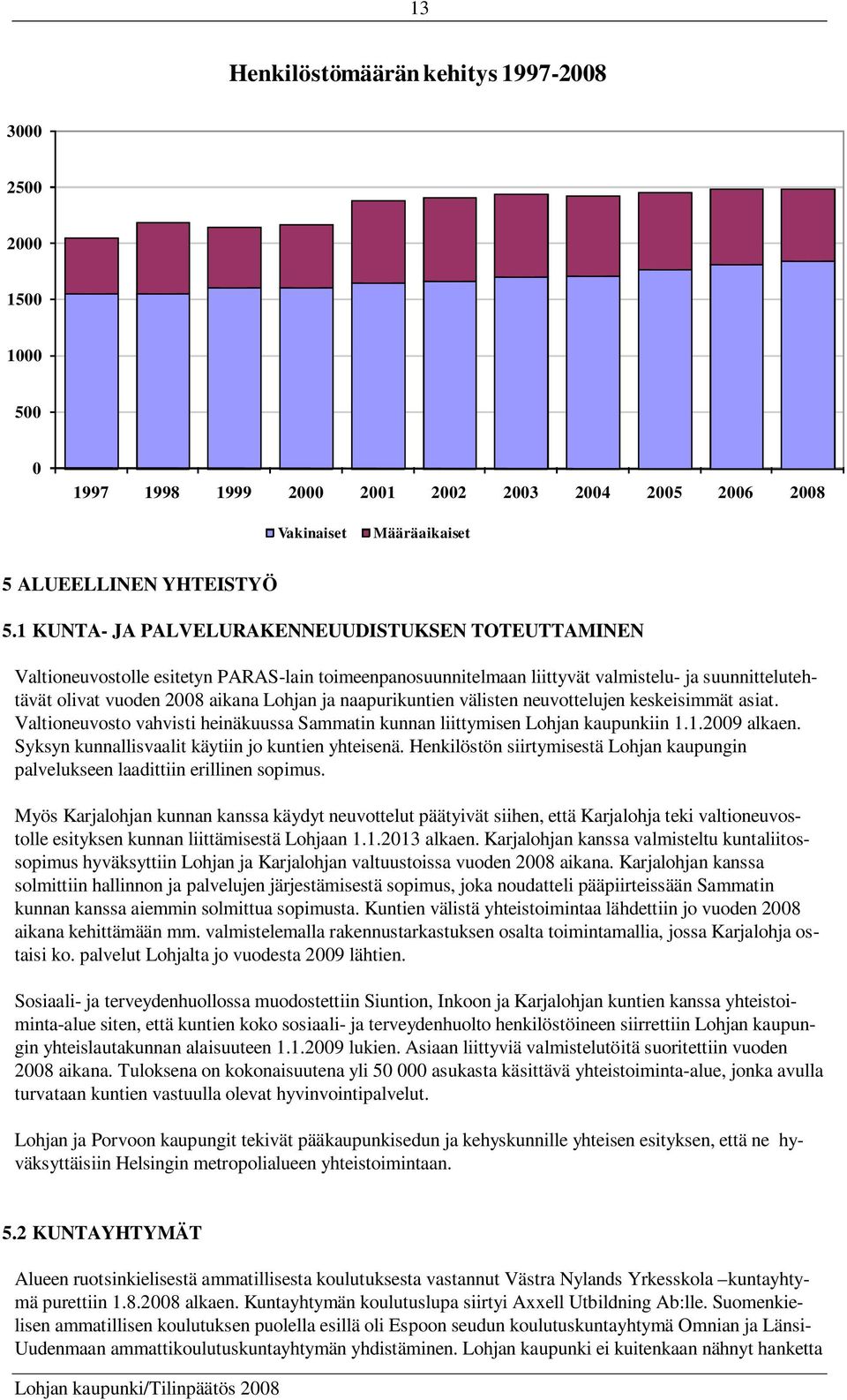 naapurikuntien välisten neuvottelujen keskeisimmät asiat. Valtioneuvosto vahvisti heinäkuussa Sammatin kunnan liittymisen Lohjan kaupunkiin 1.1.2009 alkaen.