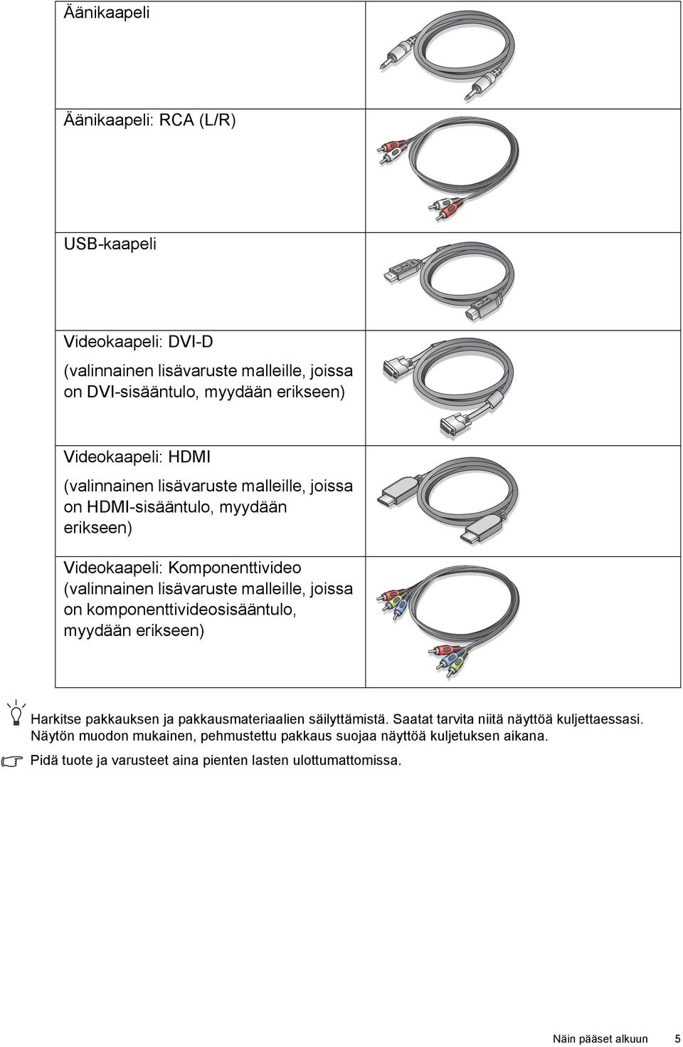 malleille, joissa on komponenttivideosisääntulo, myydään erikseen) Harkitse pakkauksen ja pakkausmateriaalien säilyttämistä.