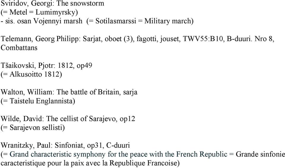 Nro 8, Combattans Tšaikovski, Pjotr: 1812, op49 (= Alkusoitto 1812) Walton, William: The battle of Britain, sarja (= Taistelu Englannista) Wilde,