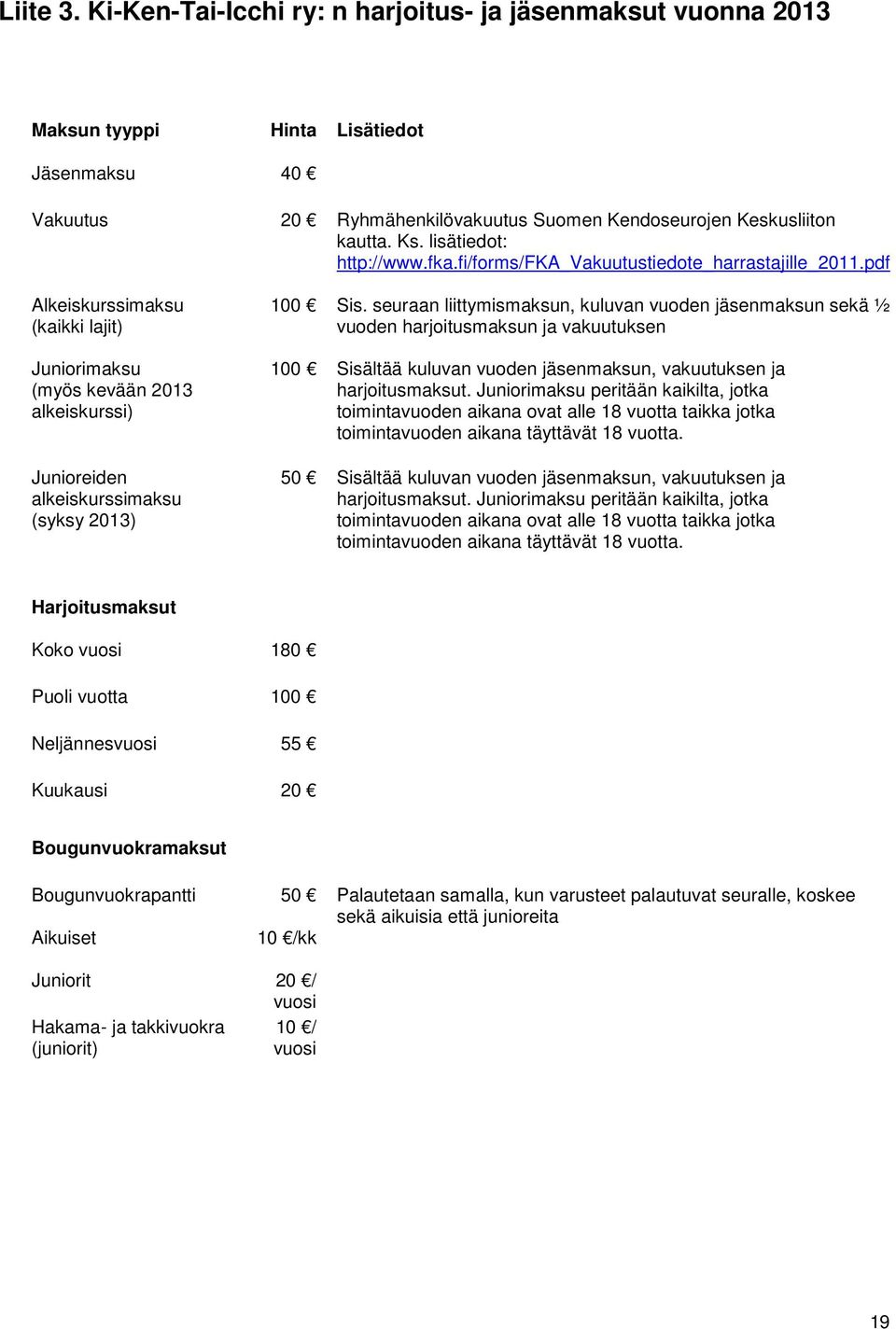 pdf Alkeiskurssimaksu (kaikki lajit) Juniorimaksu (myös kevään 2013 alkeiskurssi) Junioreiden alkeiskurssimaksu (syksy 2013) 100 Sis.