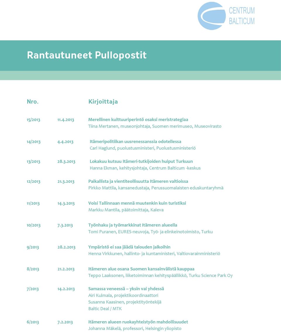 3.2013 Voisi Tallinnaan mennä muutenkin kuin turistiksi Markku Mantila, päätoimittaja, Kaleva 10/2013 7.3.2013 Työnhaku ja työmarkkinat Itämeren alueella Tomi Puranen, EURES-neuvoja, Työ- ja elinkeinotoimisto, Turku 9/2013 28.