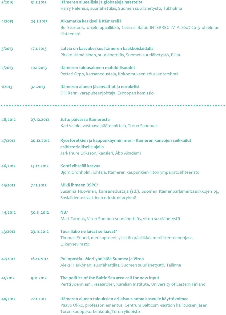 1.2013 Itämeren alueen jäsenvaltiot ja eurokriisi Olli Rehn, varapuheenjohtaja, Euroopan komissio 48/2012 27.12.2012 Juttu päivässä Itämerestä Kari Vainio, vastaava päätoimittaja, Turun Sanomat 47/2012 20.