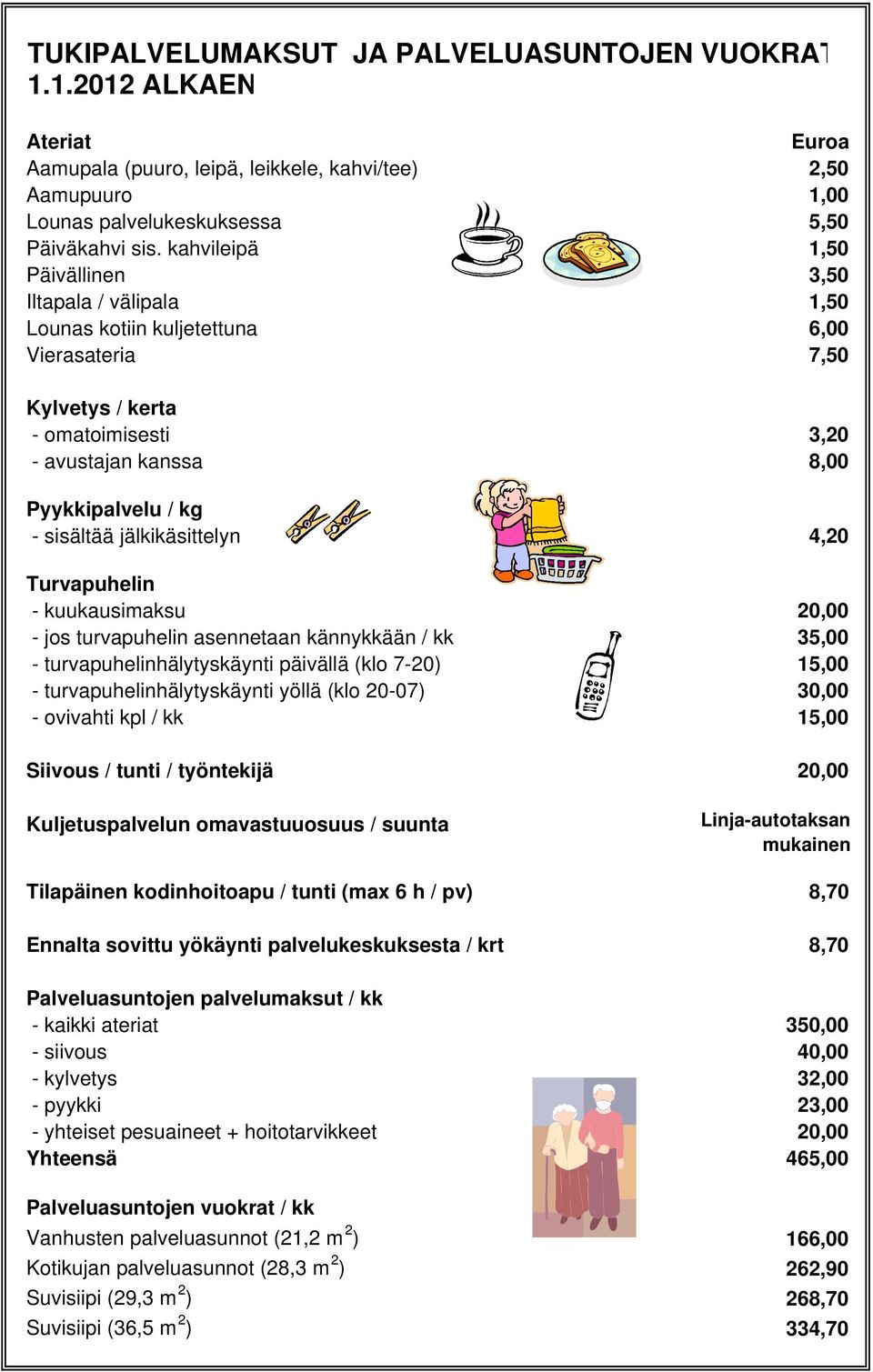 jälkikäsittelyn 4,20 Turvapuhelin - kuukausimaksu 20,00 - jos turvapuhelin asennetaan kännykkään / kk 35,00 - turvapuhelinhälytyskäynti päivällä (klo 7-20) 15,00 - turvapuhelinhälytyskäynti yöllä