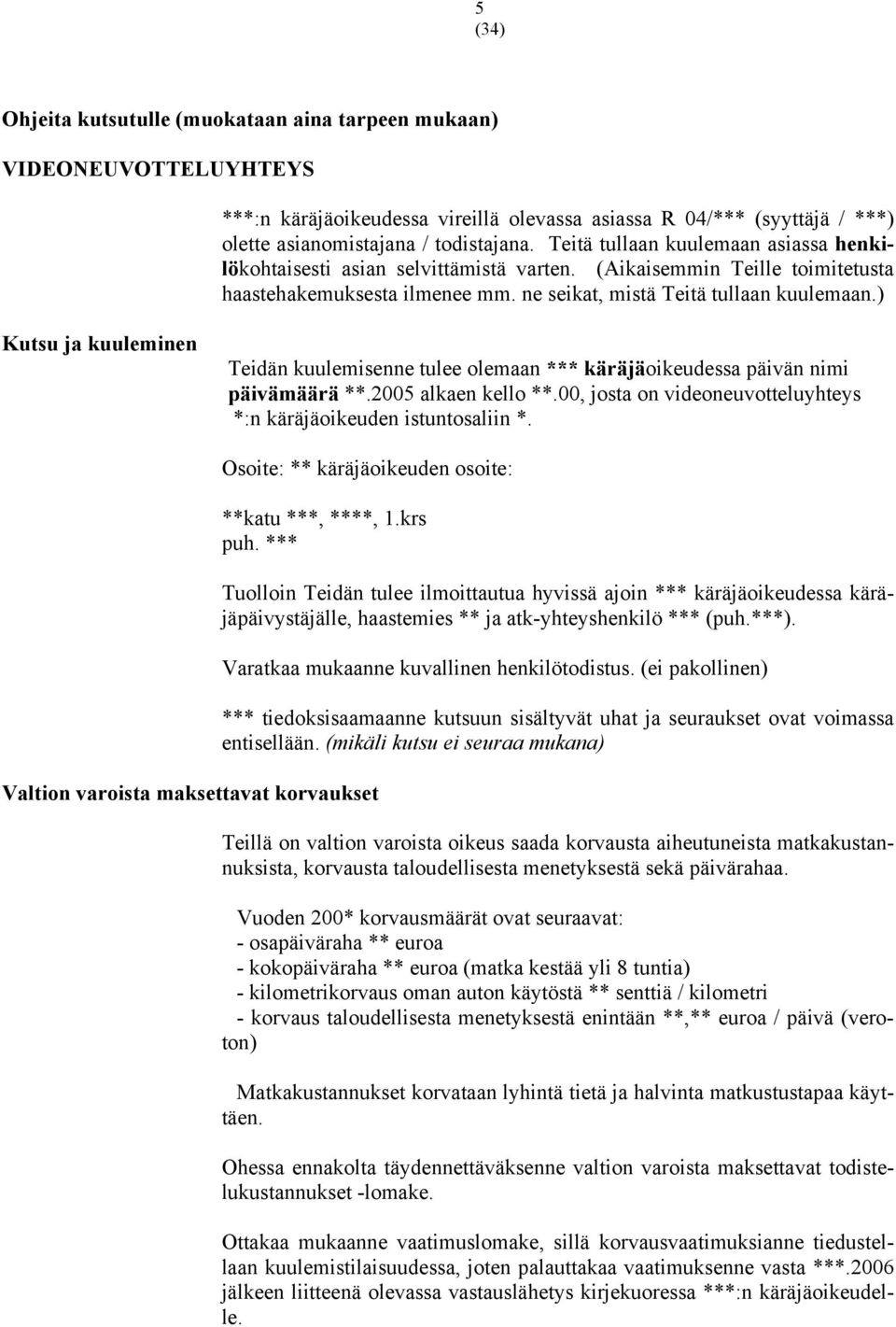 ) Kutsu ja kuuleminen Teidän kuulemisenne tulee olemaan *** käräjäoikeudessa päivän nimi päivämäärä **.2005 alkaen kello **.00, josta on videoneuvotteluyhteys *:n käräjäoikeuden istuntosaliin *.