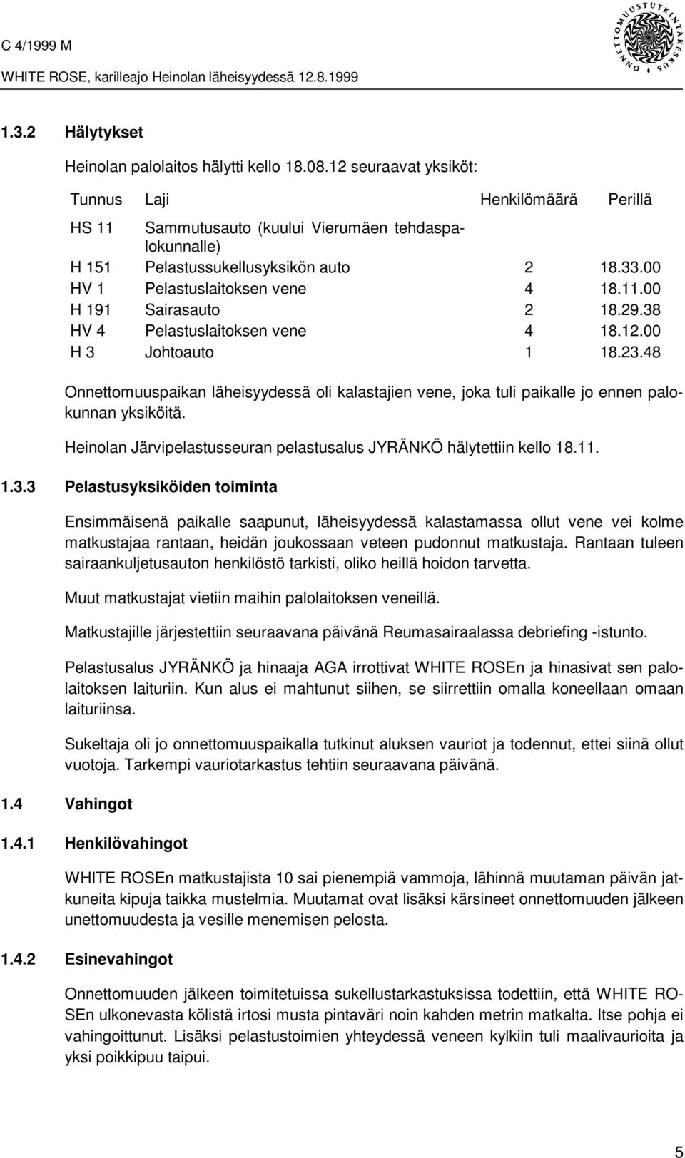 29.38 HV 4 Pelastuslaitoksen vene 4 18.12.00 H 3 Johtoauto 1 18.23.48 Onnettomuuspaikan läheisyydessä oli kalastajien vene, joka tuli paikalle jo ennen palokunnan yksiköitä.